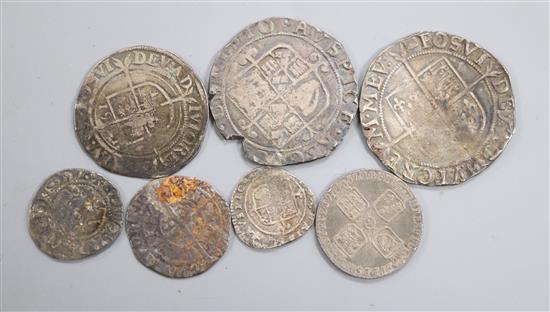 Great Britain, hammered and milled coinage, a James I shilling, Queen Elizabeth I shilling and sixpence, 1757 sixpence, two silver cros